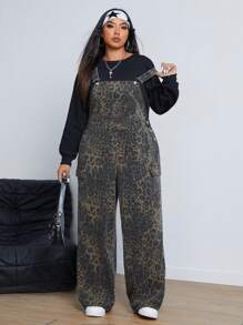 SHEIN ICON 大码夏季休闲牛仔背带裤，豹纹和口袋设计