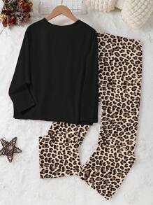SHEIN 2 件女童休闲蝴蝶结豹纹纯色长袖上衣和裤子睡衣套装 - 黑色 - 查看 2