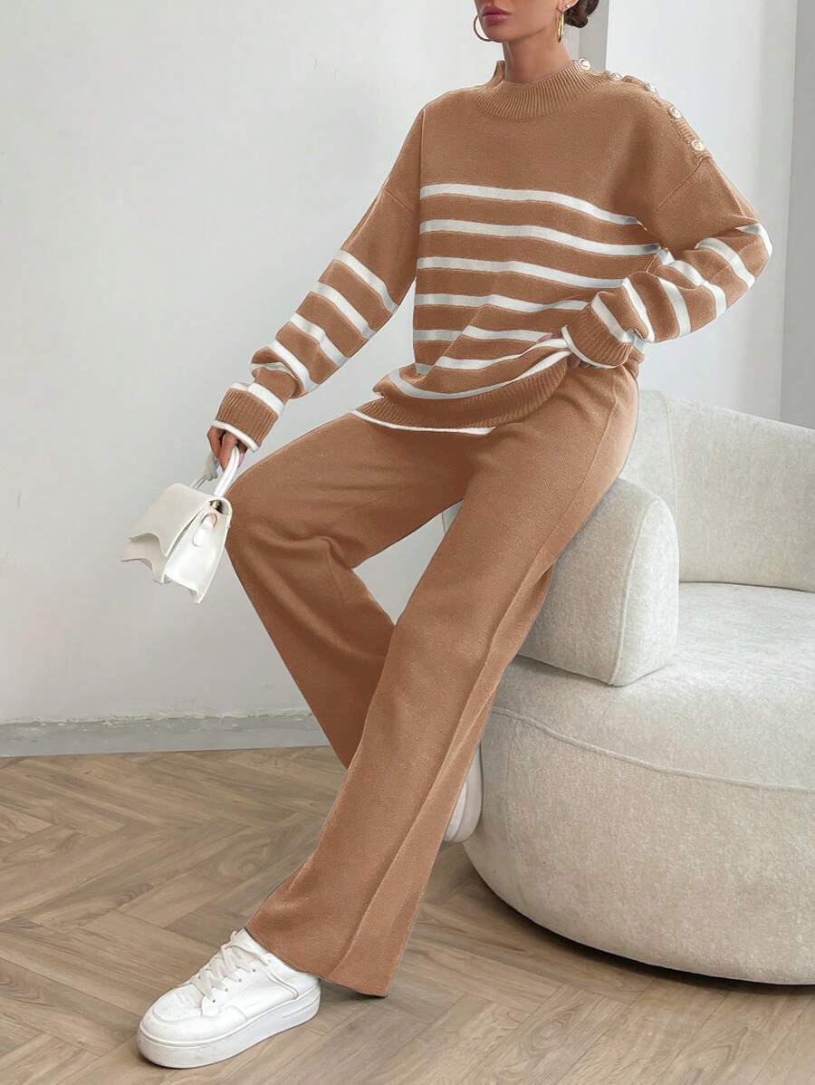 EURMUSE Women Stripe Pattern Button Detailed Round Neck Drop Shoulder Pullover & Sweater Pants Set - Camel - View 1
