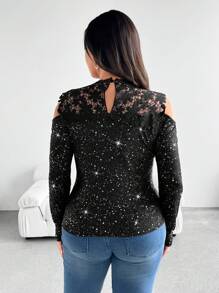 SHEIN Clasi Camisa ajustada de hombros caídos con encaje de contraste, elegante para otoño, talla grande