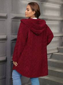 SHEIN LUNE Textured Plush Warm Comfortable Button Decorated Hooded Plus Size Jacket Winter Clothes Fall Autumn - Red - View 7