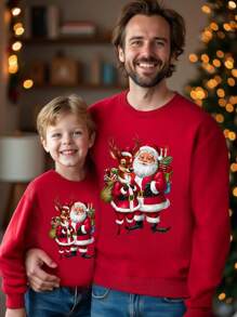 SHEIN 1pc Men's Fashion Streetwear Christmas Santa Claus & Light Graphic Round Neck Fleece Sweatshirt, Suitable For Christmas Party - Red - View 3