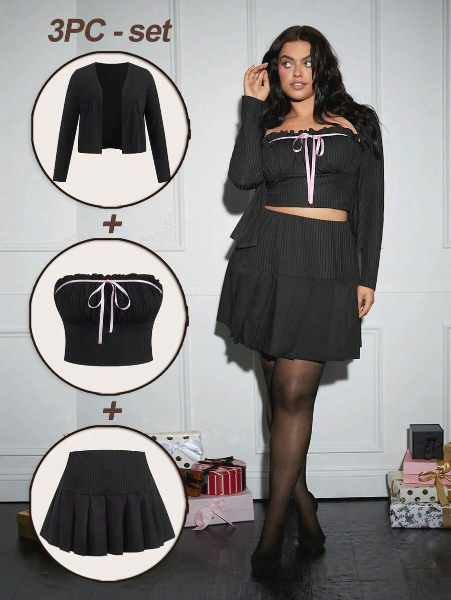 SHEIN SXY 3pcs Plus Size Women's Set: Ribbed Fabric Pink Contrast Bow Tie Decorated Ruched Top + Ruched Skirt + Long Sleeve Cardigan Jacket, Suitable For Fall & Winter, Date Night, Birthday, Bachelorette Party Outfit, Casual, Cute, Lolita, Shopping, Streetwear, Going Out, Easy To Match & Look Slim, Accentuate Your Body, Flatter The Figure