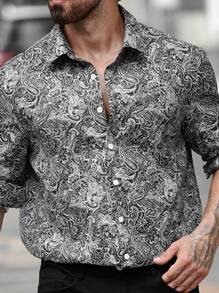 Manfinity LEGND Plus Size Men Casual Everyday Paisley Print Button Front Long Sleeve Shirt, Autumn, Street Wear, Going Out, Fancy Shirts For Men
