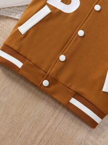 SHEIN Young Girl 2pcs Set: Colorblock Letter & Striped Print Button-Front Long Sleeve Jacket + Solid Color Pleated A-Line Skirt - Brown - View 4