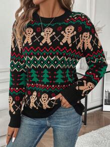 EMERY ROSE Christmas Women Crew Neck Long Sleeve Graphic Detail Simple Casual Sweater Knit Pullover Fall Winter - Black - View 5