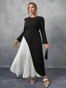 Flirla 大码双色喇叭袖褶边连衣裙，春/秋