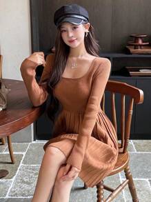 DAZY Váy len dệt kim dài tay cho nữ, Quần áo thu/đông, mùa thu cho nữ - màu nâu - Xem 3