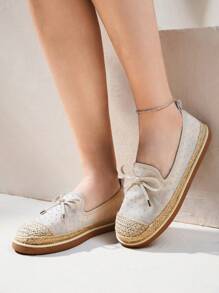 Styleloop Giày bệt đế dệt họa tiết nơ phong cách Bohemian cho nữ - Màu be - Xem 1