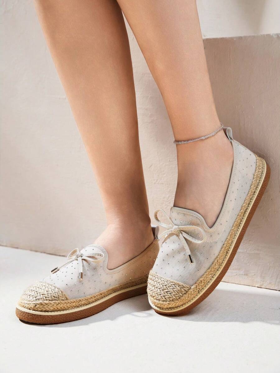 Styleloop Giày bệt đế dệt họa tiết nơ phong cách Bohemian cho nữ - Màu be - Xem 1