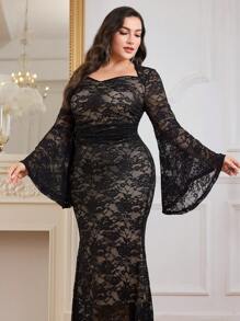 Modelyn Plus Size Elegant Lace Sweetheart Neck Flared Sleeve Cinched Waist Dress, Autumn Long Evening Dresses