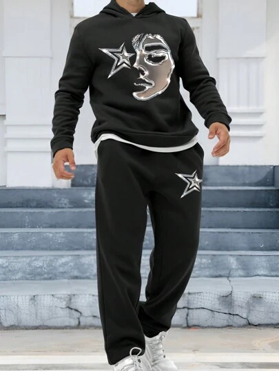 Manfinity Homme Conjunto de sudadera con capucha y pantalones deportivos con gráfico de figura para hombre talla grande, atuendo deportivo casual, otoño