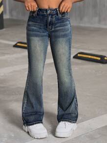 SHEIN Jeans flare in vita alta per ragazze, stile Y2K vintage, lavaggio a effetto grinzoso, outfit casual streetwear per ragazze, look autunnale per il ritorno a scuola