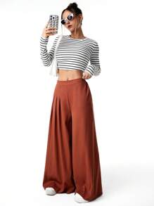 SHEIN Teen Girls Elegant Pleated Wide Leg Pants - Burgundy - View 7
