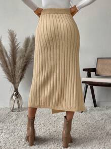 SHEIN LUNE Women Button Front High Slit Ribbed Knit Sweater Skirt