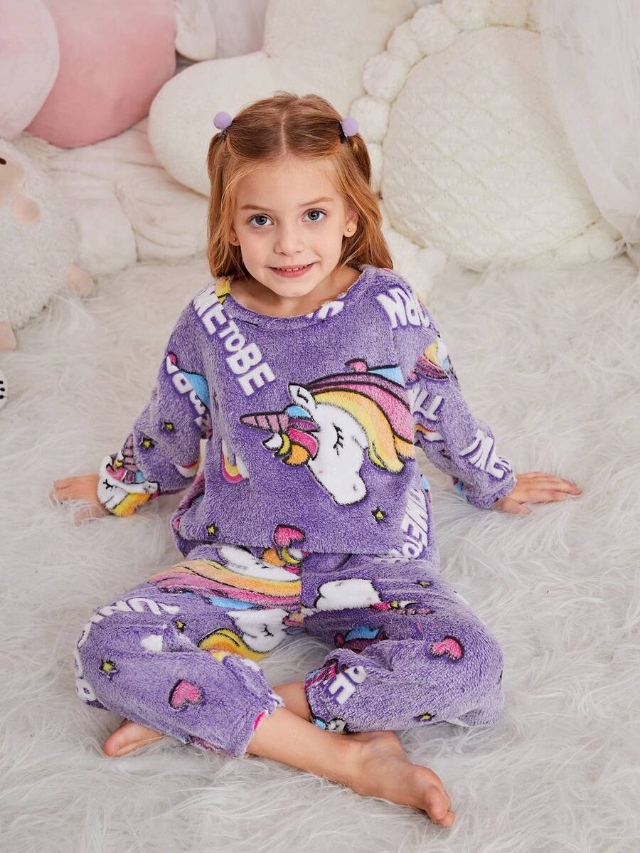 SHEIN Bộ đồ ngủ vải nỉ dài tay cổ tròn in chữ dễ thương cho bé gái/trẻ em, họa tiết kỳ lân hoạt hình, cầu vồng, mềm mại và thoải mái cho mùa thu/đông - Màu tím - Xem 1