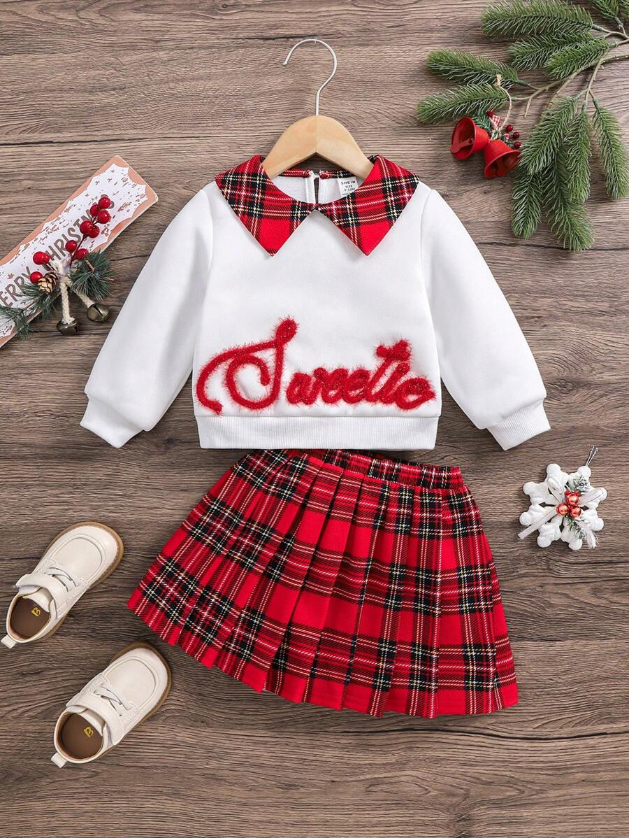 SHEIN 2pcs/Set Baby Girl Christmas Cute Red And White Plaid Outfit,Ruffled Collar Sweatshirt&Pleated Skirt,Autumn Back-To-School Holiday Party Clothes - White - View 1