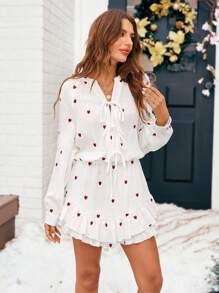 SHEIN VCAY Bộ đồ liền thân thường ngày in hình trái tim dài tay buộc phía trước cho nữ - trắng - Xem 8
