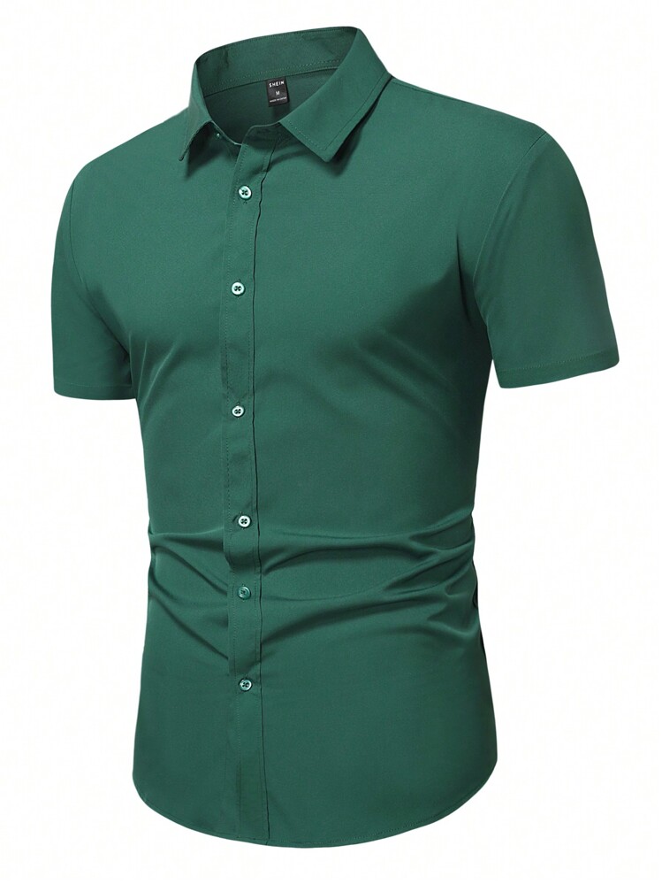 Manfinity Mode Men's Solid Color Button-Front Short Sleeve Casual Shirt - Dark Green - View 1