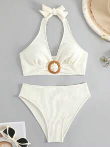 SHEIN Swim Bộ Bikini Nữ Nhẫn Buộc lại màu trơn - Màu be - Xem 1