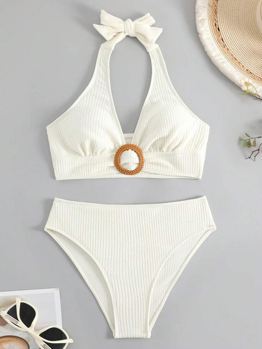 SHEIN Swim Bộ Bikini Nữ Nhẫn Buộc lại màu trơn - Màu be - Xem 1