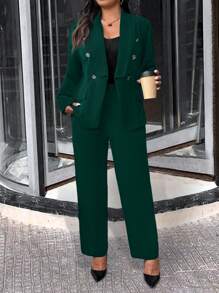 SHEIN Clasi Bộ vest công sở màu trơn đơn giản cỡ lớn mùa thu và quần 2 món - Màu xanh lá cây đậm - Xem 5