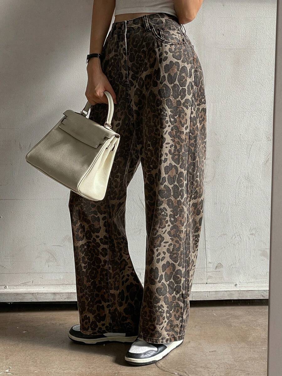 DAZY 女士豹纹宽松阔腿长牛仔裤