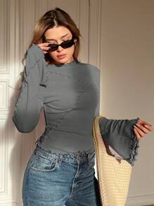 SHEIN Essnce Áo thun nữ dài tay dáng ôm, màu trơn, có bèo nhún, thích hợp cho mùa thu. - Màu xám đen - Xem 5