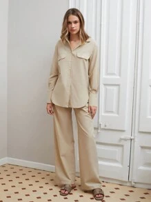 RueChic LONG SLEEVE FLAPPED POCKET SHIRT & PANT - Beige - View 3