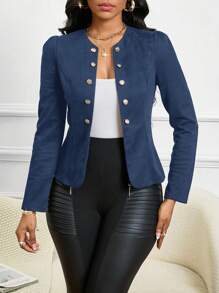 SHEIN Lady Chaqueta negra con detalles de botones, de apertura frontal, para todas las estaciones