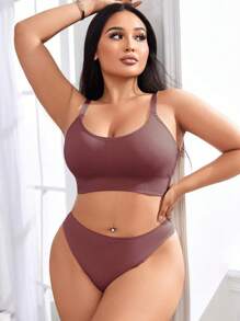 SHEIN Plus Size Women Solid Color Casual Lingerie Set, Lift - Burgundy - View 5