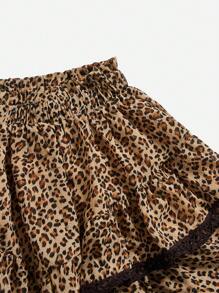 Poéselle Chân váy ren chắp vá viền bèo nhún cạp cao, chân váy họa tiết da báo, chân váy nâu, chân váy mùa thu cho nữ, chân váy bồng bềnh - Màu be - Xem 4