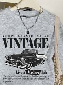 SHEIN EZwear Casual Vintage Car Graphic Loose Fit Round Neck Long Sleeve Sweatshirt, Plus Size Winter Fall Autumn