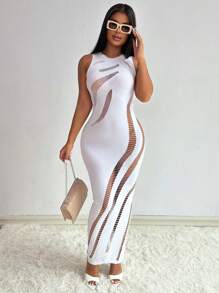 VaVaBold Women Hollow Out Round Neck Sleeveless Bodycon Sexy Fashion Mesh Dress Maxi Women Outfit