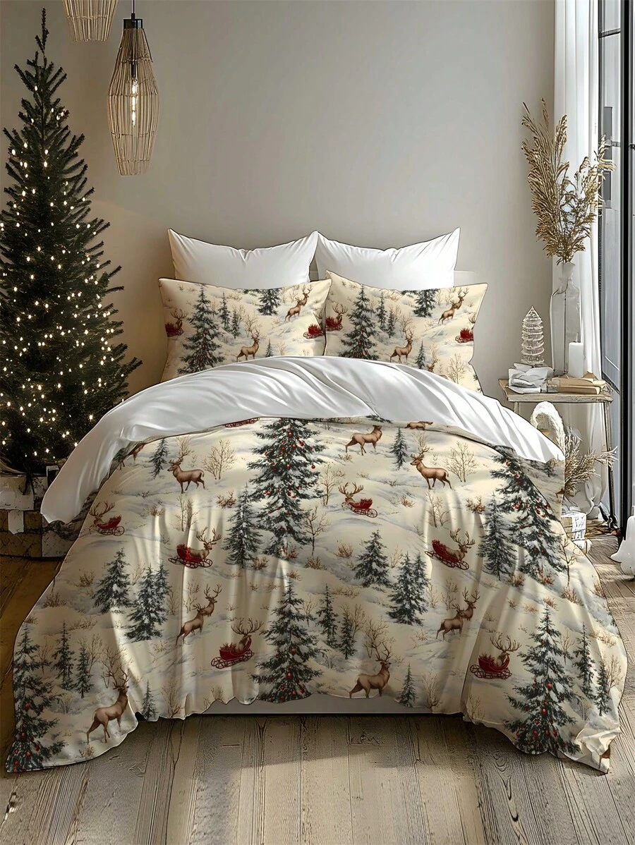 2/3pcs Christmas Holly Tree, Gift, Snowflake, Deer, Santa Claus Pattern Digital Printing Brushed Duvet Cover Set, Soft & Comfortable, Suitable For Bedroom, Guest Room, Game Room, Hotel, School Dormitory - Multicolor - View 1