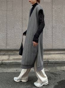 FRIFUL 女士休闲人字纹印花V领蝙蝠袖高开衩长款开衫，秋季女装外套 - 黑色 - 查看 6