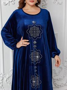 SHEIN Najma Hot Diamond Long-Sleeved Gorgeous Velvet Solid Color Plus Size Arabian Robe - Navy Blue - View 1