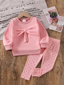 女婴粉色套头衫套装，大蝴蝶结圆领长袖上衣搭配圆点破洞裤，秋季甜美可爱时尚装扮 - 粉色 - 查看 4