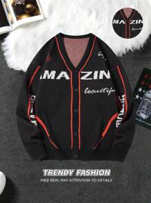 Manfinity EMRG Men's Letter Pattern Long Sleeve Single Breasted Casual Cardigan, Autumn/Winter