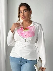 SHEIN Unity Large Floral Print Casual Long Sleeve Collared Shirt - White - View 5