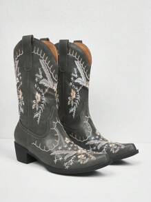 Styleloop Women's Floral Embroidered Minimalist Western Cowboy Boots, Casual For Daily Wear For Christmas And New Year Holiday Vibe Fall And Winter - Dark Green - View 6