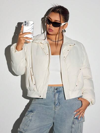 SHEIN ICON 大码女式休闲纯色拉链 PU 加厚外套，冬季