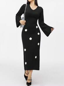 Modelyn Women V-Neck 3D Floral Textured Pullover Sweater Dress - Black - View 8