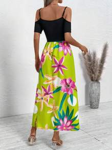 SHEIN Clasi Vrouwen Casual Bloemenprint Splice Off Shoulder Spaghetti Band Hoge Split Jurk