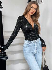 SHEIN Essnce 1 件女士迷人深 V 领亮片装饰长袖紧身衣，秋季