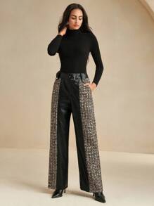Anewsta Pantalones rectos de ajuste delgado con parches de piel y ED para mujer, otoño/invierno