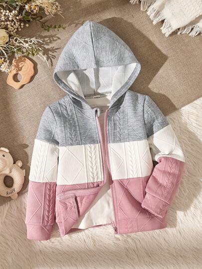 SHEIN Vintaside Kids Young Girl Color Block Zip Up Hoodie Without Tee