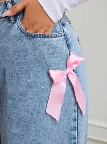 CovetEZ 大码休闲直筒牛仔裤，带蝴蝶结装饰和侧袋，适合春秋季节