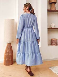 SHEIN VCAY Women Striped Lantern Sleeve A-Line Midi Dress In Blue And White, Suitable For Vacation, Autumn/Winter,,Back To School For Daily Wear,Fall Outfits,Commute,Minimalist,Office,Old Money,Simple,Teacher Clothes, - Blue and White - View 2