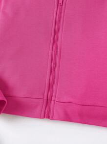 SHEIN Young Girl Casual Solid Color Zippered Front Hooded Jacket, Spring/Autumn - Hot Pink - View 6